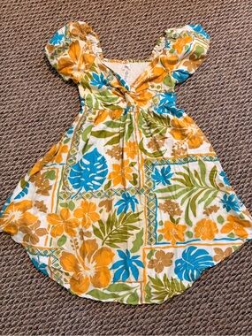 Women’s Tropical Flutter-Sleeve Dress in Yellow, Blue & Green